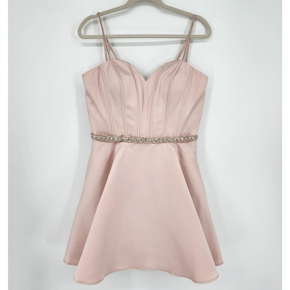 Mori Lee Blush Pink Spaghetti Strap Mini Dress